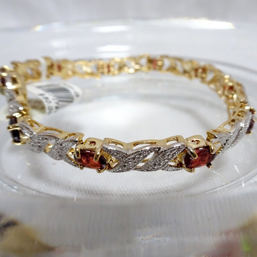 NWT January Birth Stone Garnet Diamond 24KT Gold .925 Silver Tennis Bracelet - Picture 8 of 13